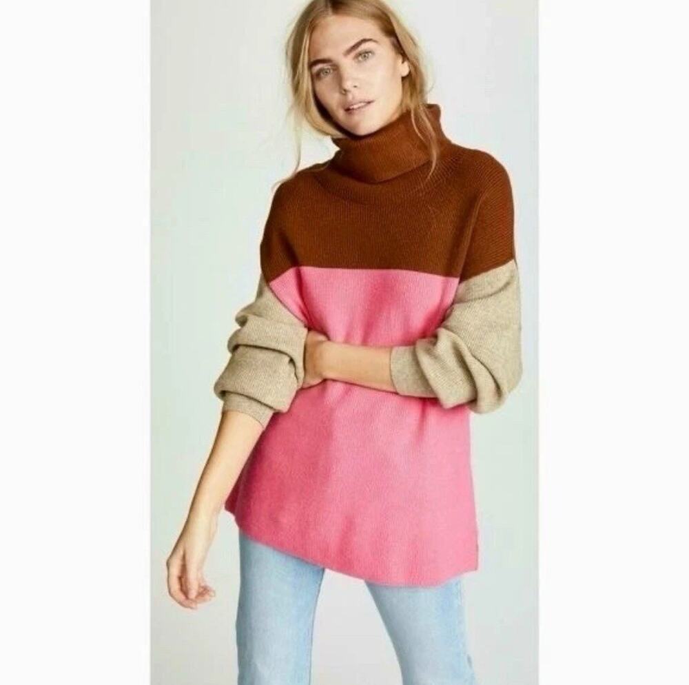 FREE PEOPLE Small Softly Structured Colorblock Sweater Turtleneck Candy Pop Y23